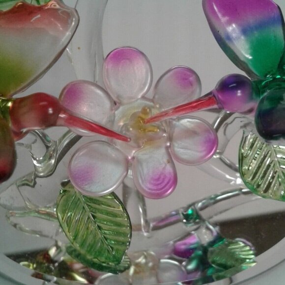 Hand Blown Glass Hummingbirds Flower Mirror Base Pink Purple Birds Figurine - Picture 10 of 10